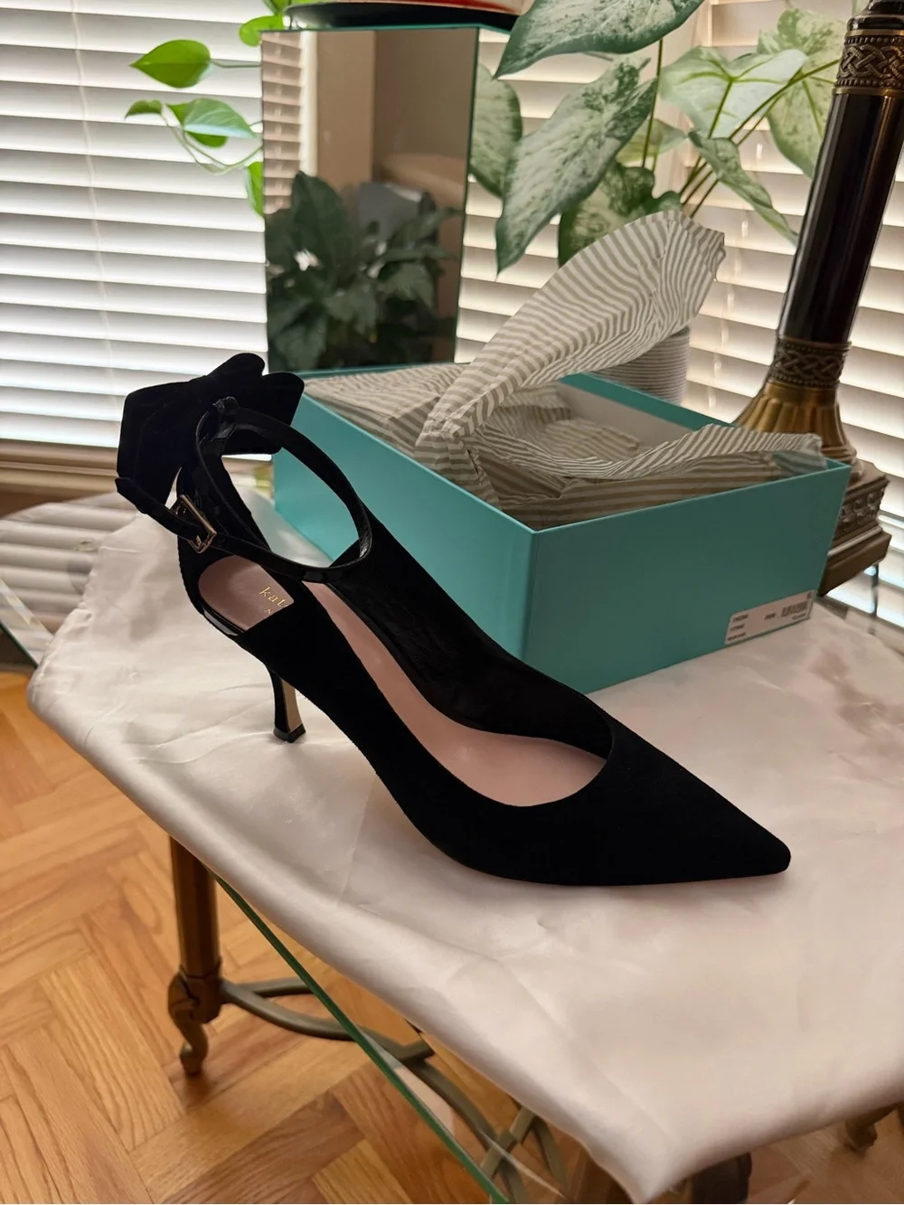 kate spade Black Suede Pointed Bow Ankle-Strap Heels